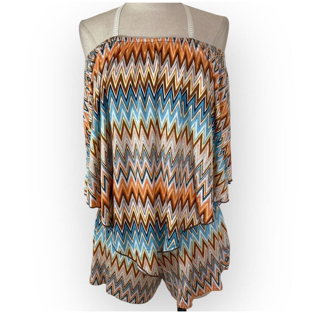 Froufrou chevron ruffle convertible romper, OSFM, stretch knit on/off shoulder